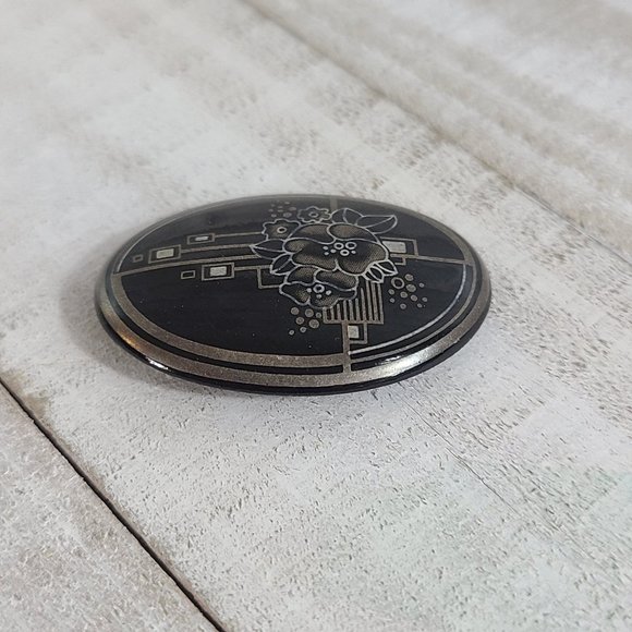 Vintage Michaela Frey Brooch Signed Oval Enamel Black Silver Floral Art Deco - Picture 6 of 9